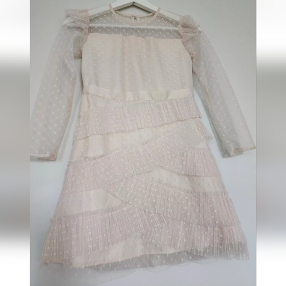 BCBG GIRLS LIGHT BEIGE RUFFLES FRILLS SHEER SLEEVES FIT & FLARE DRESS 8 - Picture 1 of 10